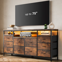 Garvee 63.3" Wide Dresser TV Stand with 10 Fabric Drawers, USB Charging, LED Lighting, Solid Wood & Metal Frame, Fits 75" TVs, Living Room Storage, Brown