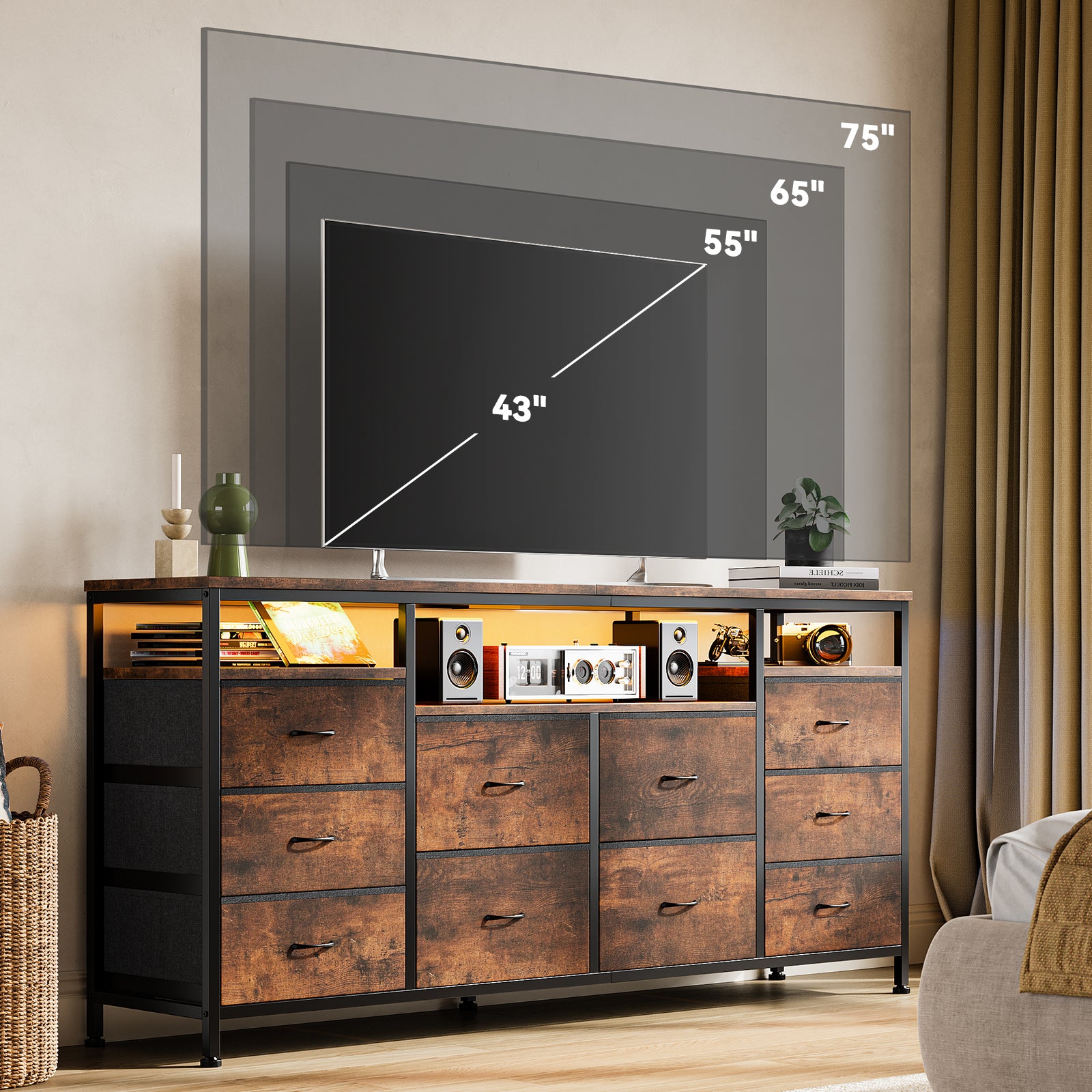 40 inch tv on dresser Garvee Wide Dresser TV Stand 63.3 Inch Brown with 10 Fabric Drawers USB Charging LED Lighting for Living Room