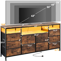 Garvee 63.3" Wide Dresser TV Stand with 10 Fabric Drawers, USB Charging, LED Lighting, Solid Wood & Metal Frame, Fits 75" TVs, Living Room Storage, Brown