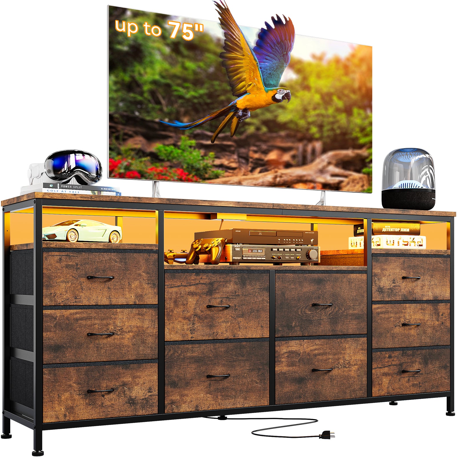 Garvee 63.3" Wide Dresser TV Stand with 10 Fabric Drawers, USB Charging, LED Lighting, Solid Wood & Metal Frame, Fits 75" TVs, Living Room Storage, Brown