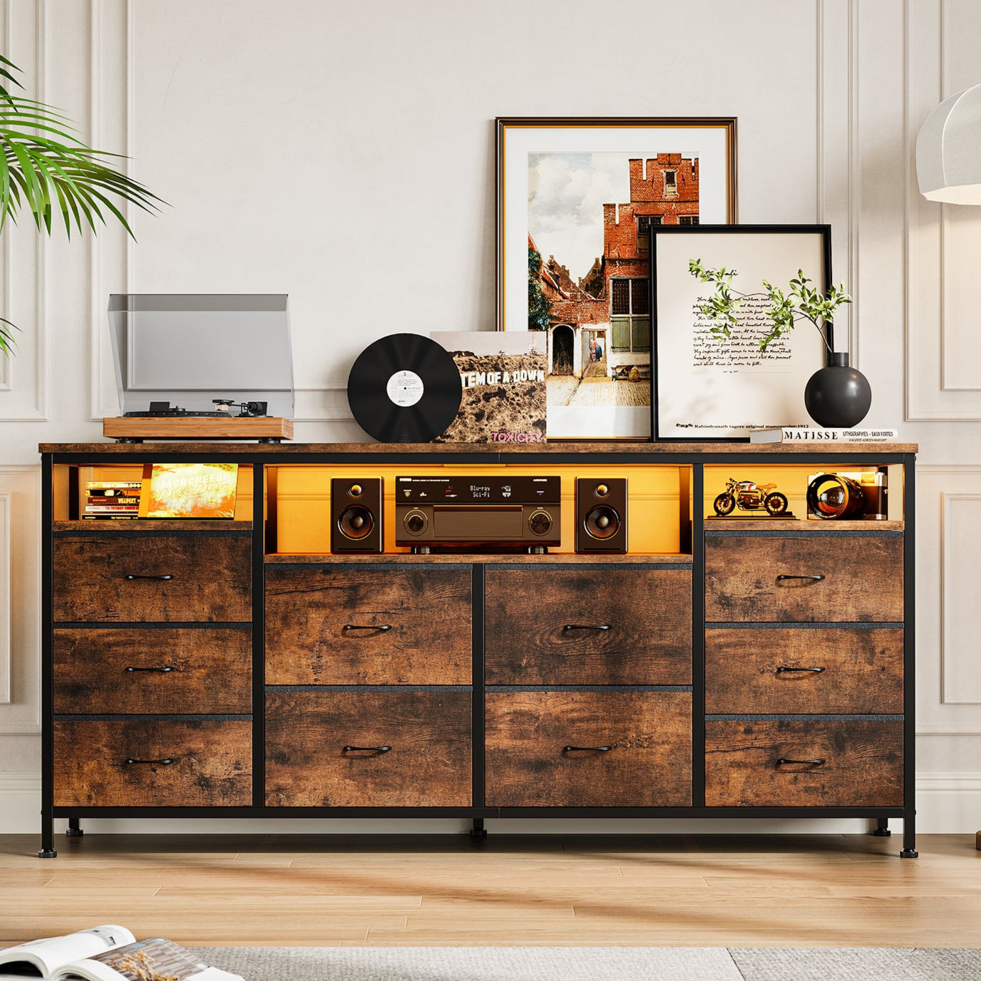 Garvee 63.3" Wide Dresser TV Stand with 10 Fabric Drawers, USB Charging, LED Lighting, Solid Wood & Metal Frame, Fits 75" TVs, Living Room Storage, Brown