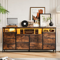 Garvee 63.3" Wide Dresser TV Stand with 10 Fabric Drawers, USB Charging, LED Lighting, Solid Wood & Metal Frame, Fits 75" TVs, Living Room Storage, Brown