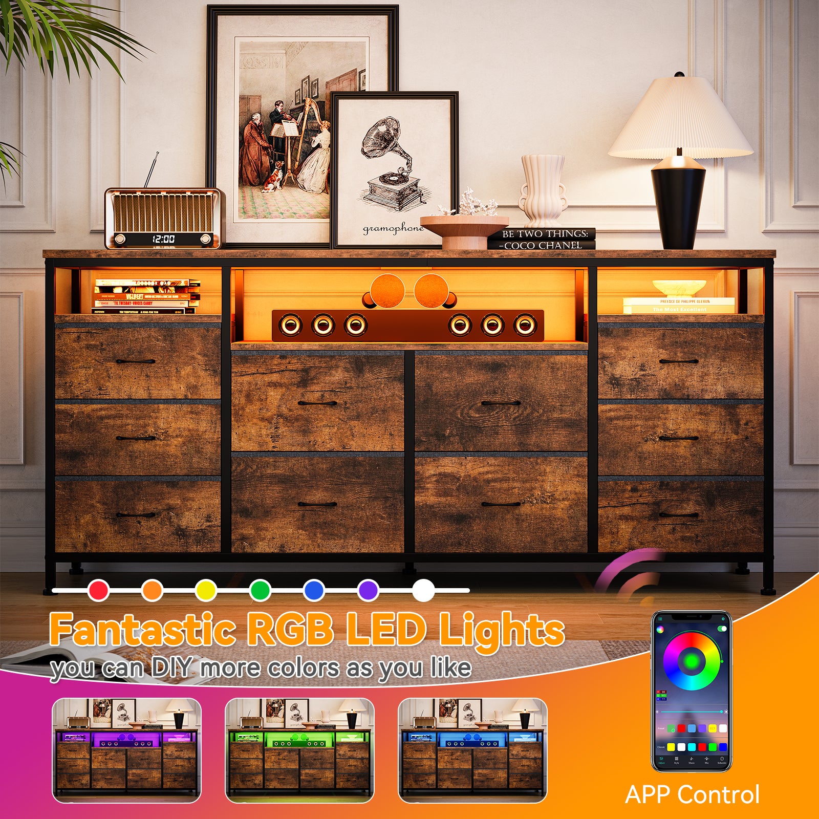 Garvee 63.3" Wide Dresser TV Stand with 10 Fabric Drawers, USB Charging, LED Lighting, Solid Wood & Metal Frame, Fits 75" TVs, Living Room Storage, Brown