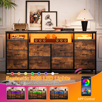 Garvee 63.3" Wide Dresser TV Stand with 10 Fabric Drawers, USB Charging, LED Lighting, Solid Wood & Metal Frame, Fits 75" TVs, Living Room Storage, Brown
