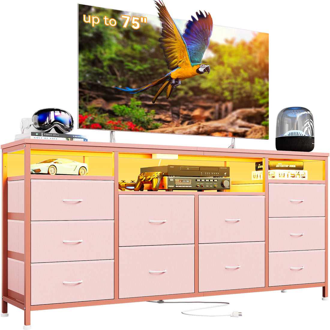 Garvee 63.3" Wide Dresser for 65-75" TV, 10 Drawer Dresser TV Stand  Fabric Chest of Drawers with Led Lights & Power Outlets, Long Entertainment Center for Bedroom, Living Room, Pink