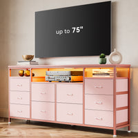 Garvee 63.3" Wide Dresser for 65-75" TV, 10 Drawer Dresser TV Stand  Fabric Chest of Drawers with Led Lights & Power Outlets, Long Entertainment Center for Bedroom, Living Room, Pink