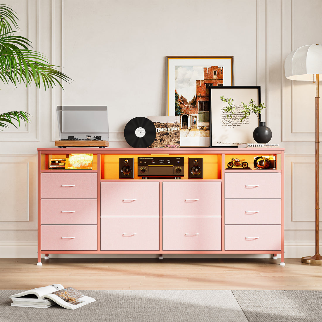 Garvee 63.3" Wide Dresser for 65-75" TV, 10 Drawer Dresser TV Stand  Fabric Chest of Drawers with Led Lights & Power Outlets, Long Entertainment Center for Bedroom, Living Room, Pink
