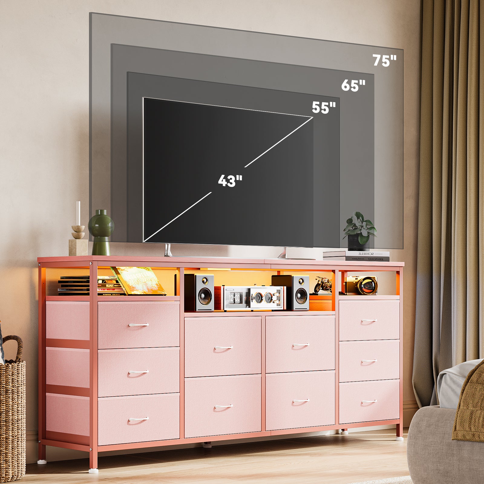 Garvee 63.3" Wide Dresser for 65-75" TV, 10 Drawer Dresser TV Stand  Fabric Chest of Drawers with Led Lights & Power Outlets, Long Entertainment Center for Bedroom, Living Room, Pink