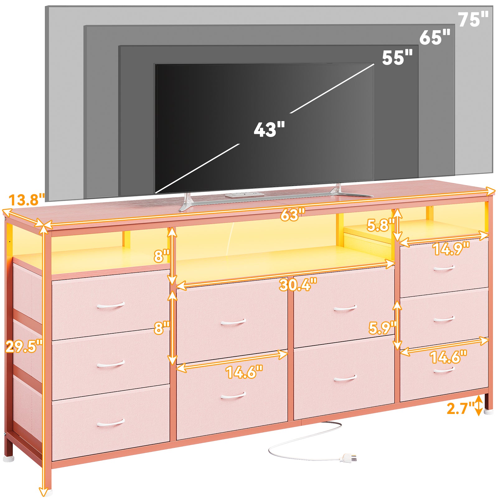 Garvee 63.3" Wide Dresser for 65-75" TV, 10 Drawer Dresser TV Stand  Fabric Chest of Drawers with Led Lights & Power Outlets, Long Entertainment Center for Bedroom, Living Room, Pink