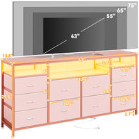 Garvee 63.3" Wide Dresser for 65-75" TV, 10 Drawer Dresser TV Stand  Fabric Chest of Drawers with Led Lights & Power Outlets, Long Entertainment Center for Bedroom, Living Room, Pink
