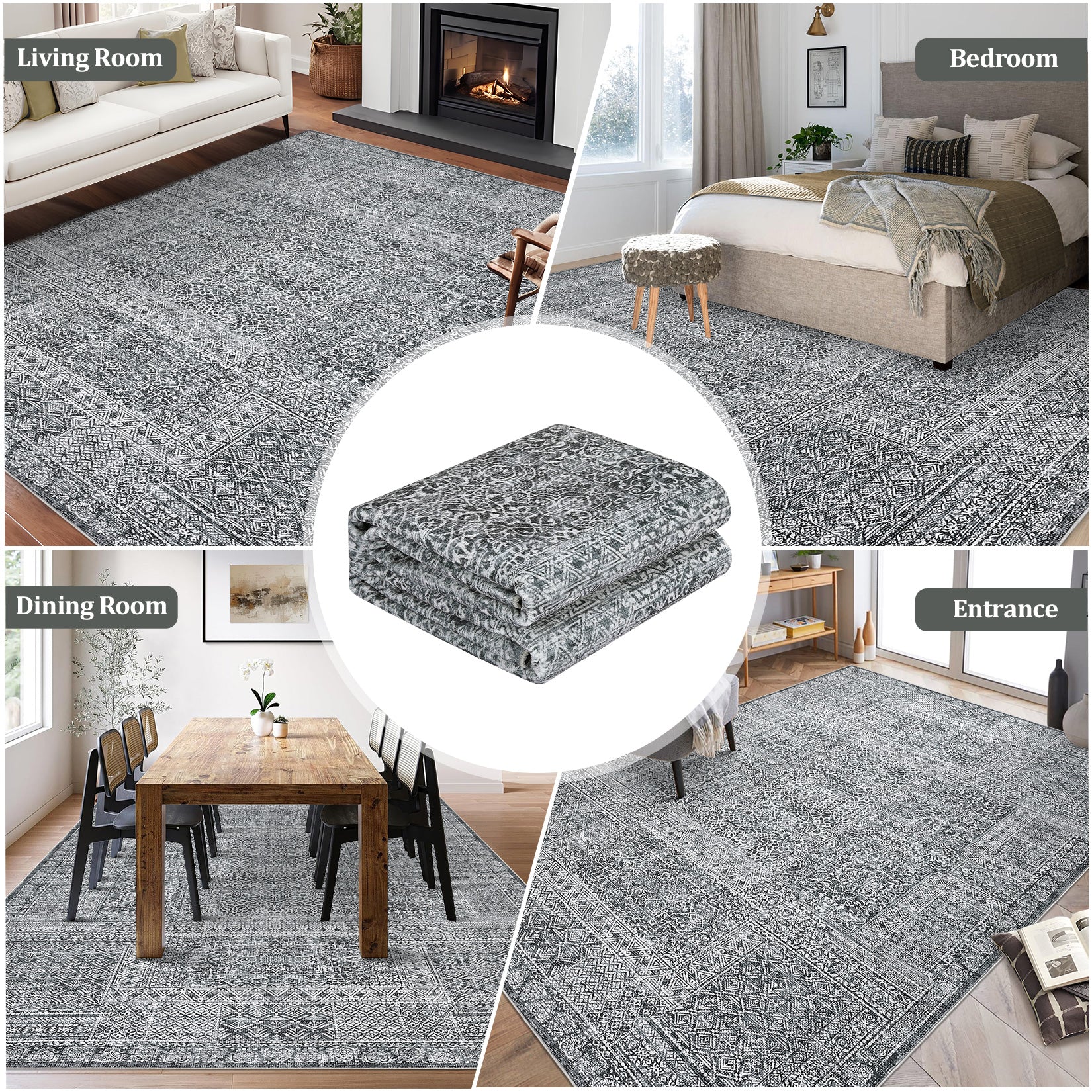 Garvee Washable Area Rug 9x12, Soft Low Pile Vintage Patchwork Large Area Rug Non-Slip Indoor Floor Carpet for Living Room Bedroom Dining Room, Grey