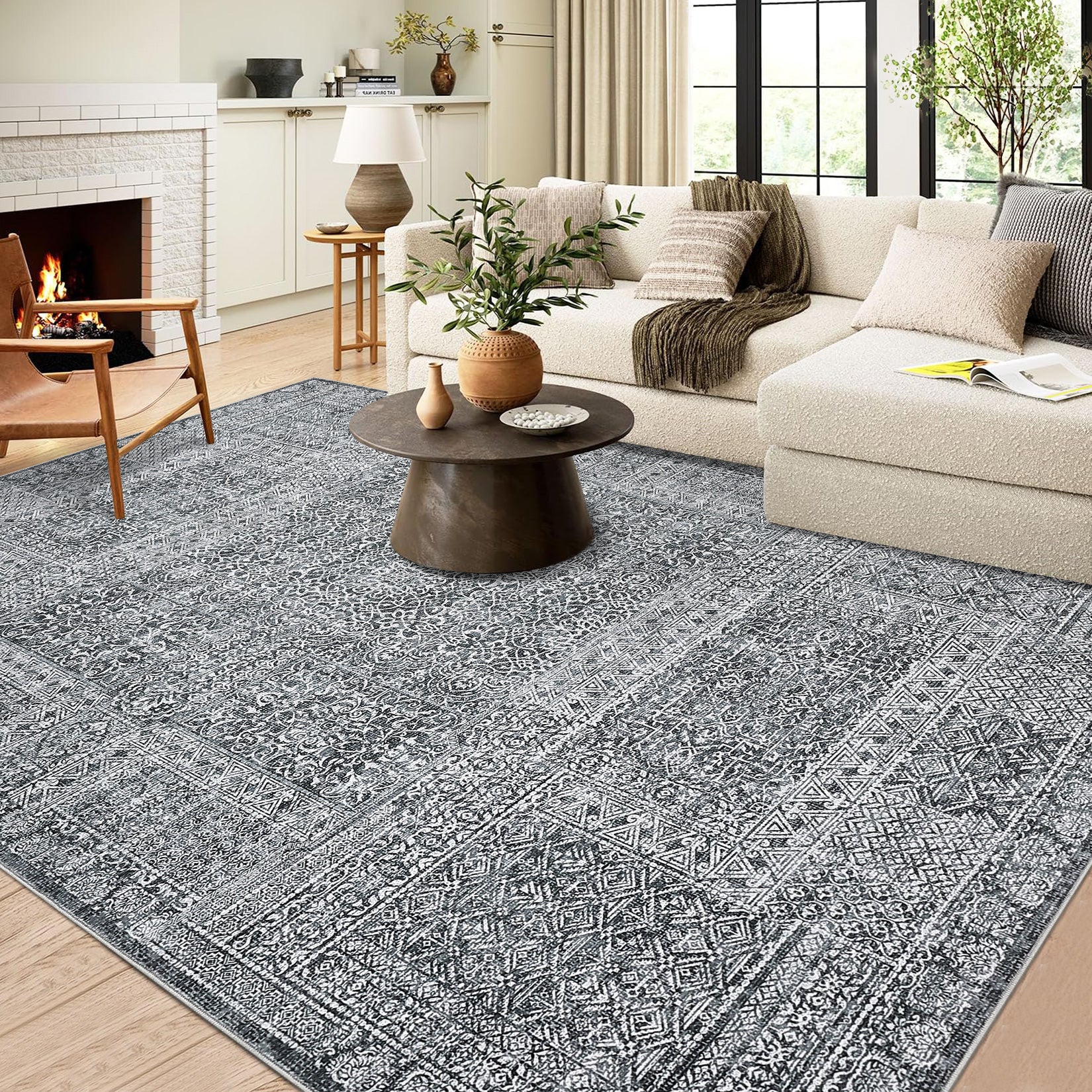 Garvee Washable Area Rug 8x10, Soft Low Pile Vintage Patchwork Large Area Rug Non-Slip Indoor Floor Carpet for Living Room Bedroom Dining Room, Grey