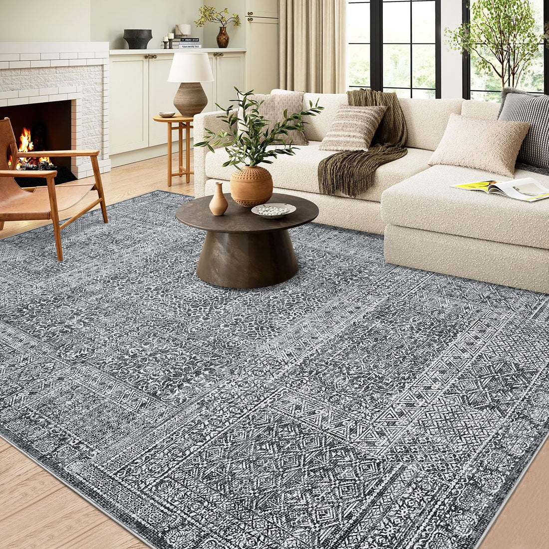 Garvee Washable Area Rug 9x12, Soft Low Pile Vintage Patchwork Large Area Rug Non-Slip Indoor Floor Carpet for Living Room Bedroom Dining Room, Grey