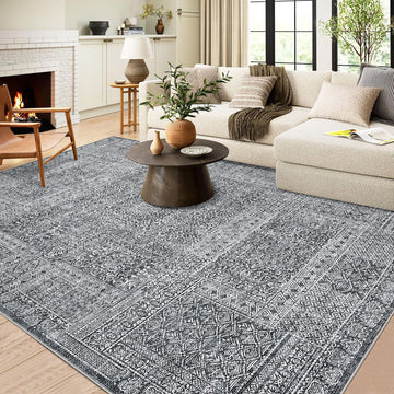 Garvee Washable Area Rug 9x12, Soft Low Pile Vintage Patchwork Large Area Rug Non-Slip Indoor Floor Carpet for Living Room Bedroom Dining Room, Grey