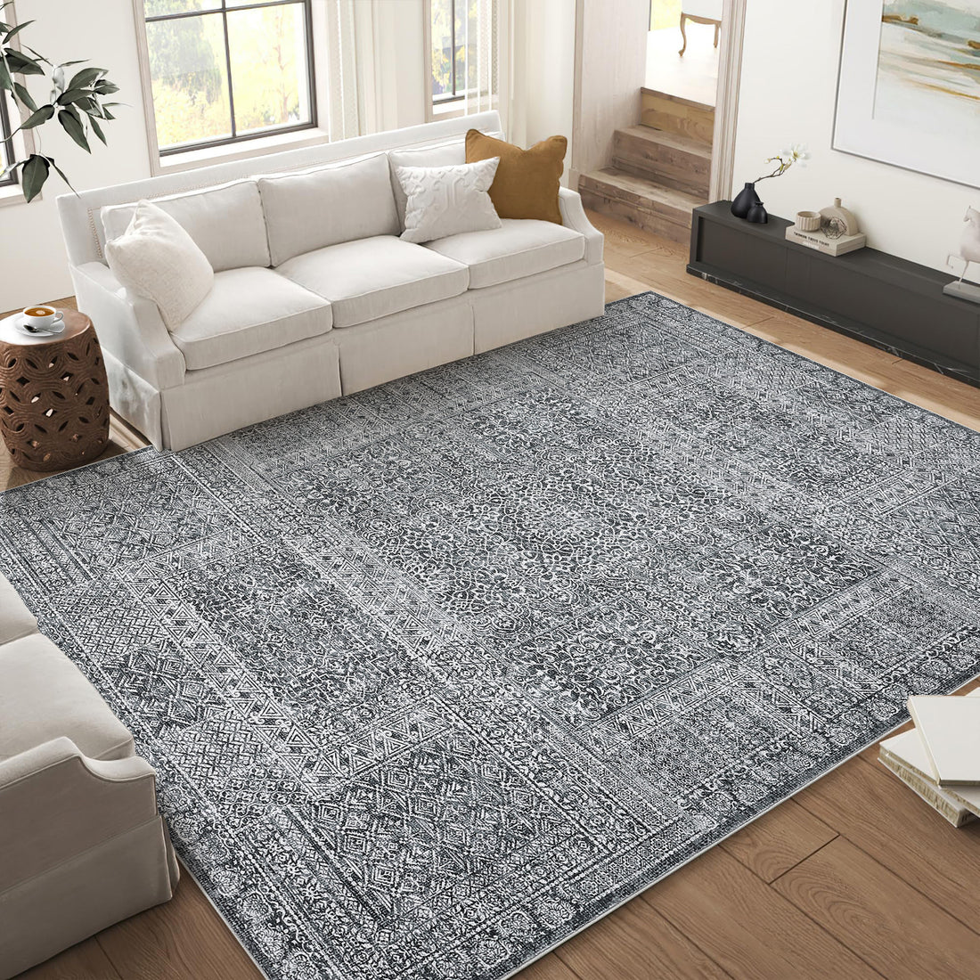 Garvee Washable Area Rug 9x12, Soft Low Pile Vintage Patchwork Large Area Rug Non-Slip Indoor Floor Carpet for Living Room Bedroom Dining Room, Grey