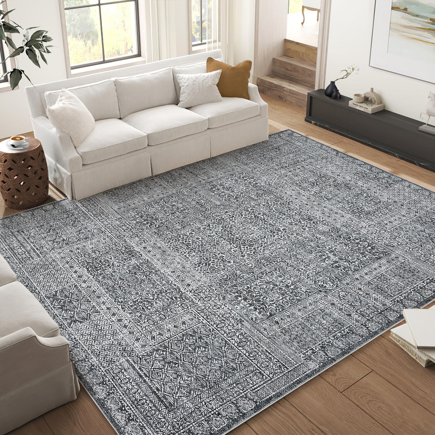 Garvee Washable Area Rug 9x12, Soft Low Pile Vintage Patchwork Large Area Rug Non-Slip Indoor Floor Carpet for Living Room Bedroom Dining Room, Grey