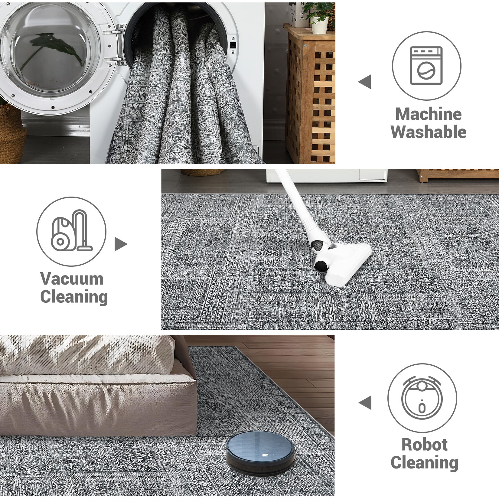 Garvee Washable Area Rug 8x10, Soft Low Pile Vintage Patchwork Large Area Rug Non-Slip Indoor Floor Carpet for Living Room Bedroom Dining Room, Grey