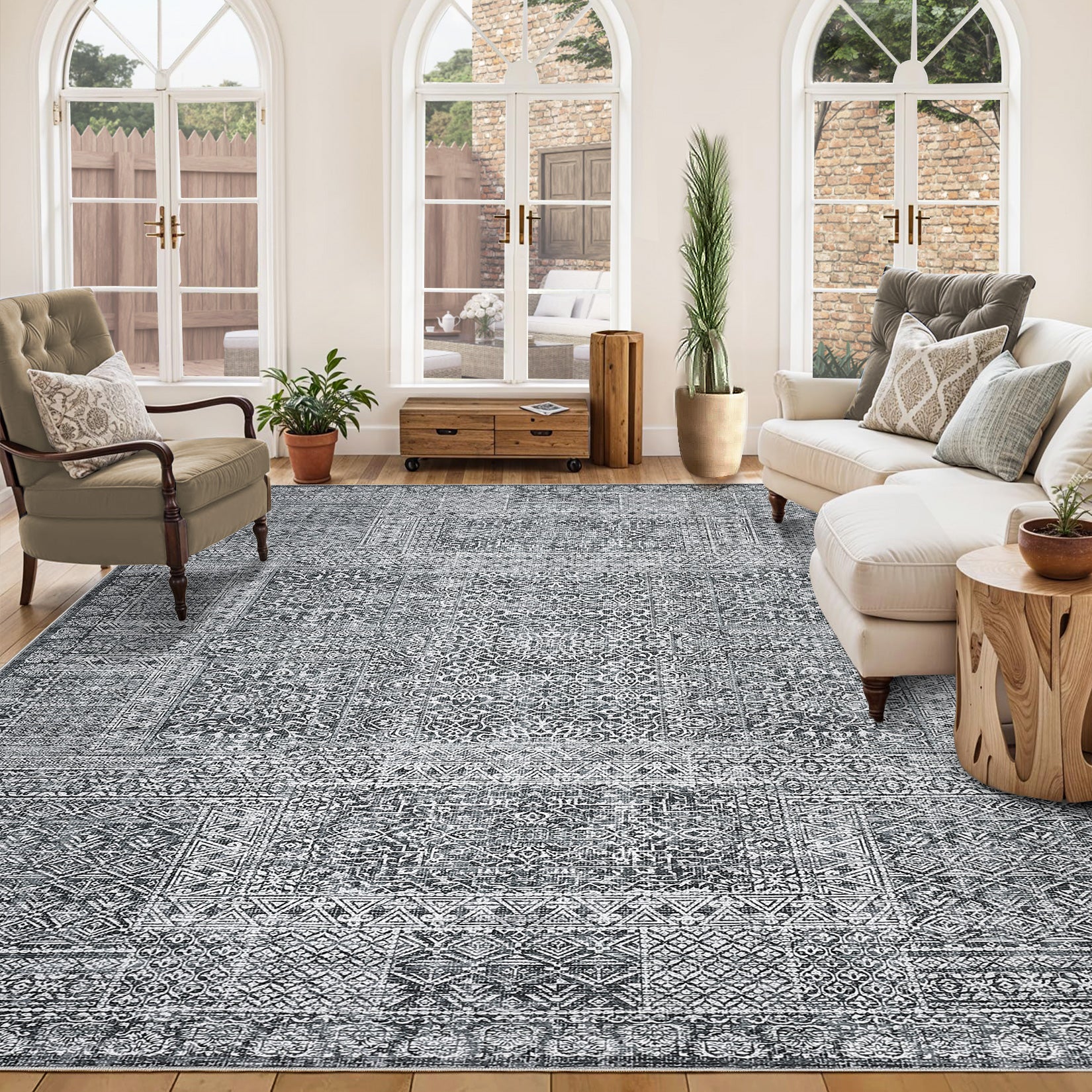 Garvee Washable Area Rug 8x10, Soft Low Pile Vintage Patchwork Large Area Rug Non-Slip Indoor Floor Carpet for Living Room Bedroom Dining Room, Grey