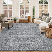 Garvee Washable Area Rug 9x12, Soft Low Pile Vintage Patchwork Large Area Rug Non-Slip Indoor Floor Carpet for Living Room Bedroom Dining Room, Grey
