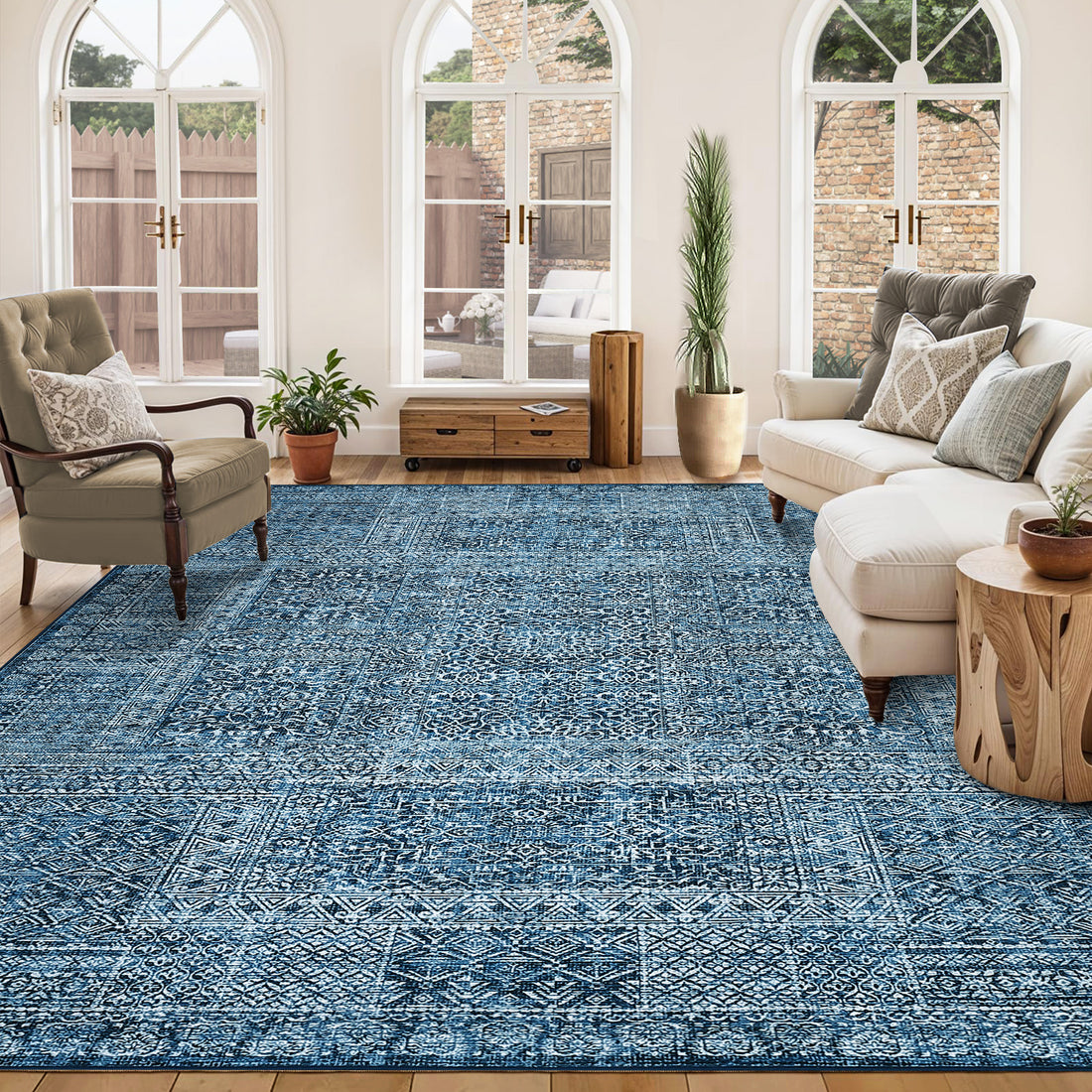 Garvee Area Rug 9x12 Washable, Soft Low Pile Vintage Patchwork Large Area Rug Non-Slip Indoor Floor Carpet for Living Room Bedroom Dining Room, Navy Blue