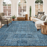 Garvee Area Rug 9x12 Washable, Soft Low Pile Vintage Patchwork Large Area Rug Non-Slip Indoor Floor Carpet for Living Room Bedroom Dining Room, Navy Blue - Blue