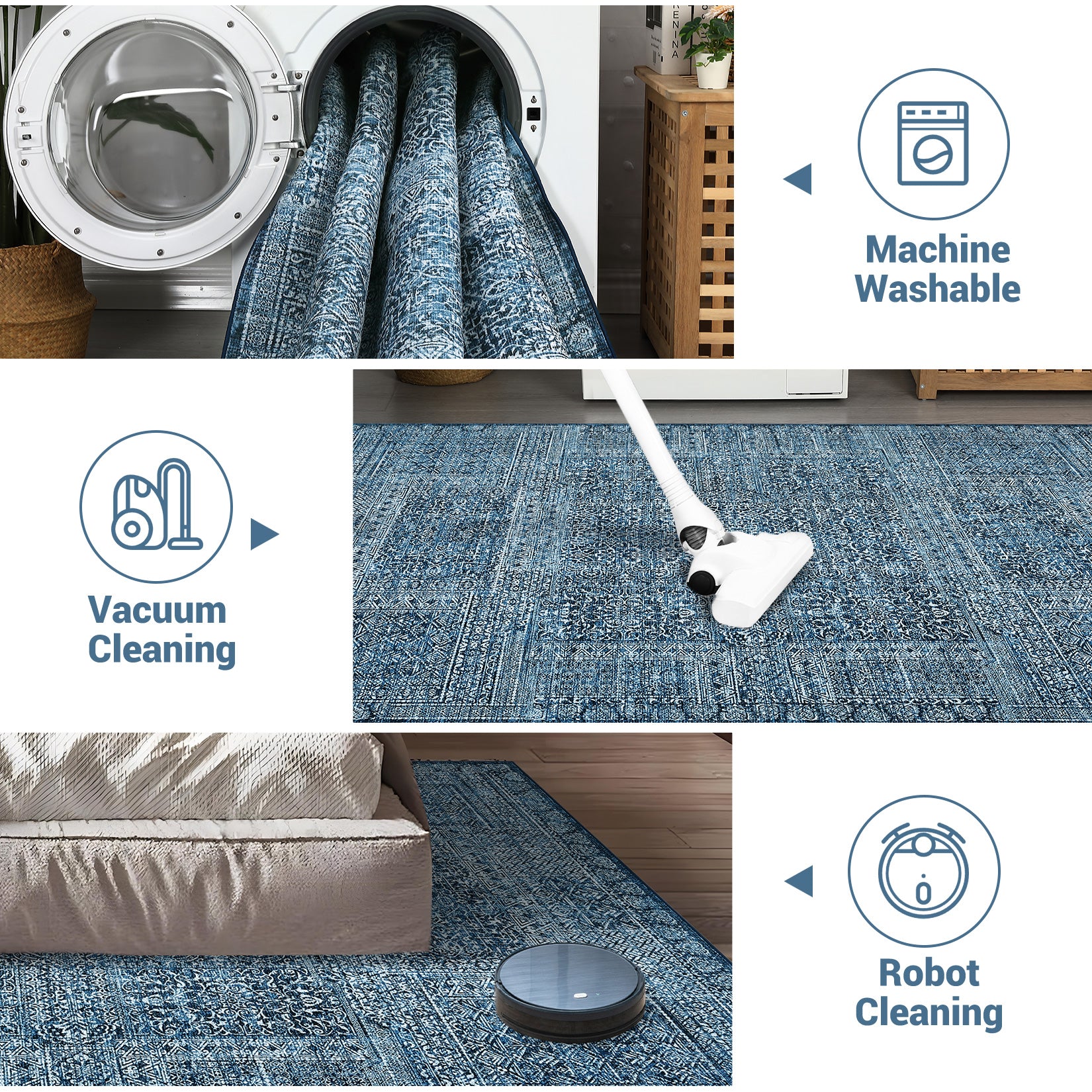 Garvee 8x10 Area Rug Washable, Soft Low Pile Vintage Patchwork Large Area Rug Non-Slip Indoor Floor Carpet for Living Room Bedroom Dining Room, Navy Blue