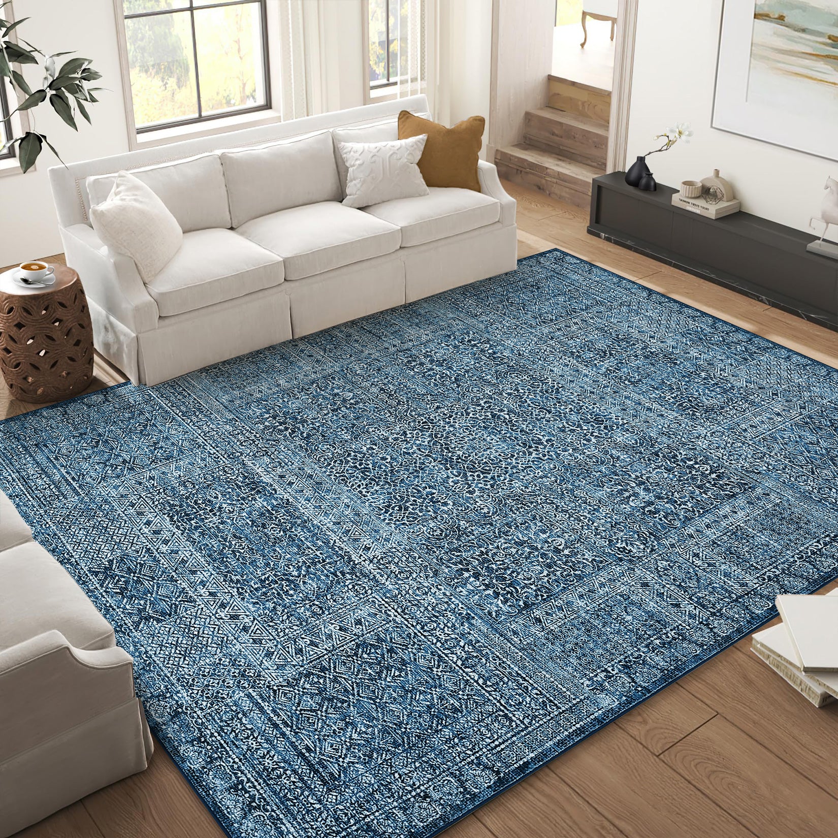 Garvee Area Rug 9x12 Washable, Soft Low Pile Vintage Patchwork Large Area Rug Non-Slip Indoor Floor Carpet for Living Room Bedroom Dining Room, Navy Blue
