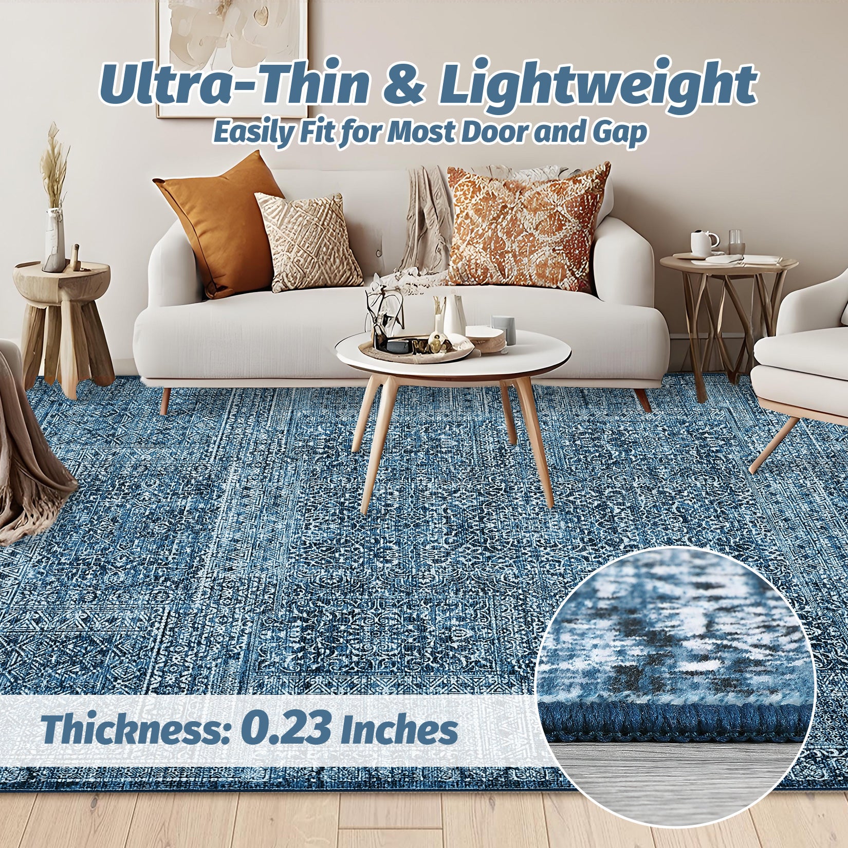 Garvee 8x10 Area Rug Washable, Soft Low Pile Vintage Patchwork Large Area Rug Non-Slip Indoor Floor Carpet for Living Room Bedroom Dining Room, Navy Blue