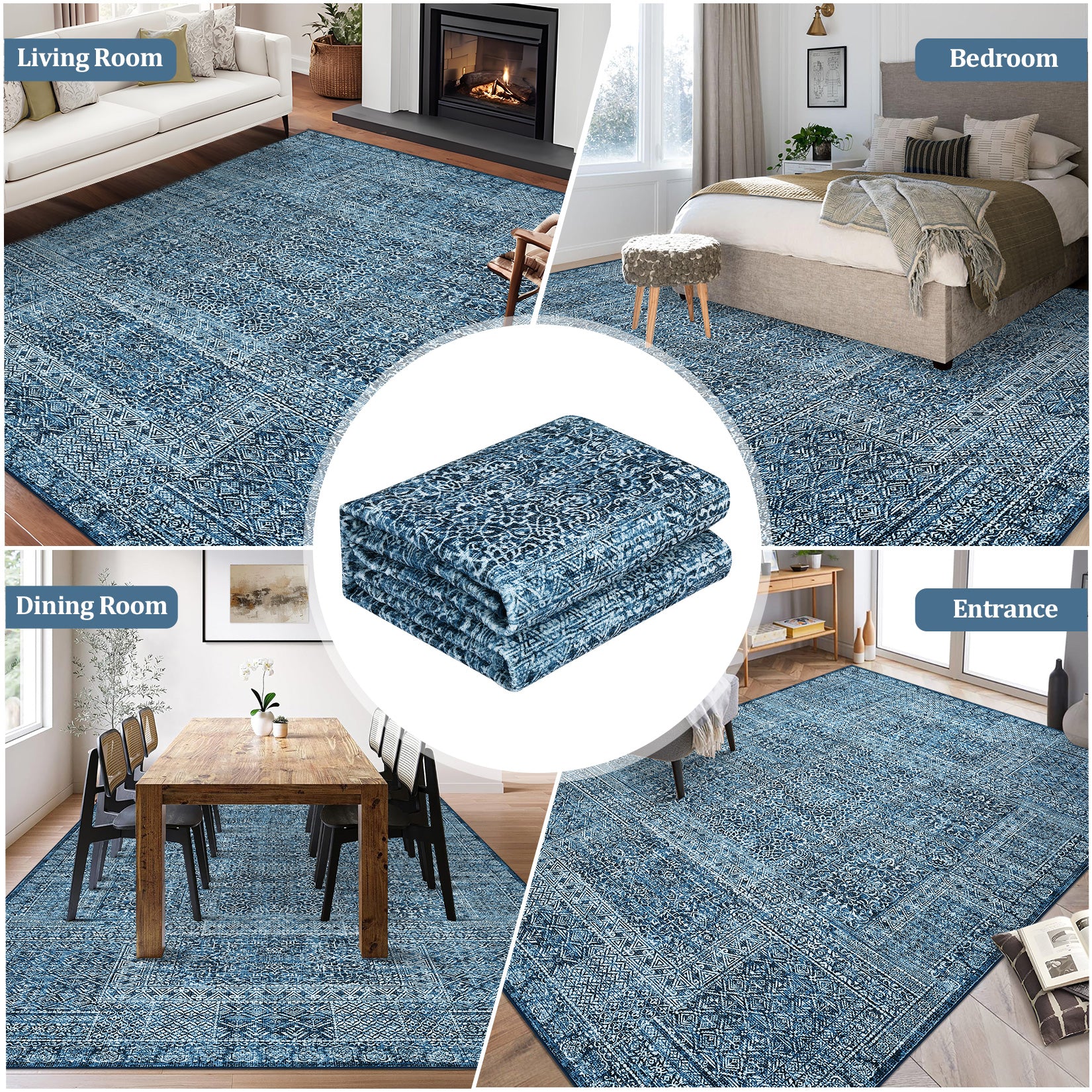 Garvee 8x10 Area Rug Washable, Soft Low Pile Vintage Patchwork Large Area Rug Non-Slip Indoor Floor Carpet for Living Room Bedroom Dining Room, Navy Blue
