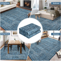 Garvee 8x10 Area Rug Washable, Soft Low Pile Vintage Patchwork Large Area Rug Non-Slip Indoor Floor Carpet for Living Room Bedroom Dining Room, Navy Blue