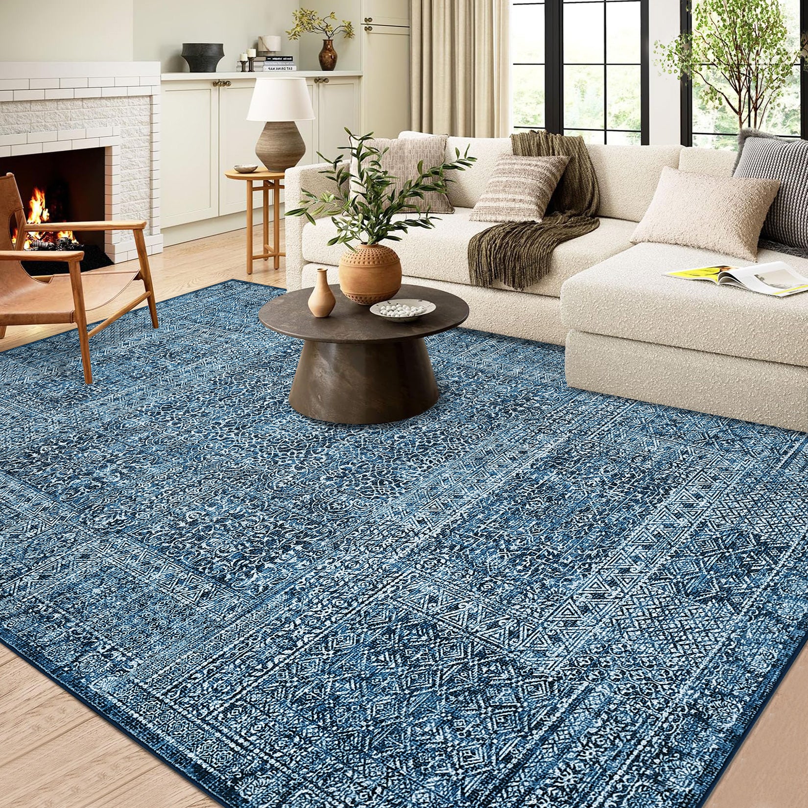 Garvee Area Rug 9x12 Washable, Soft Low Pile Vintage Patchwork Large Area Rug Non-Slip Indoor Floor Carpet for Living Room Bedroom Dining Room, Navy Blue