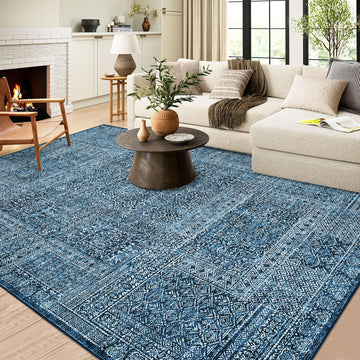 Garvee 8x10 Area Rug Washable, Soft Low Pile Vintage Patchwork Large Area Rug Non-Slip Indoor Floor Carpet for Living Room Bedroom Dining Room, Navy Blue