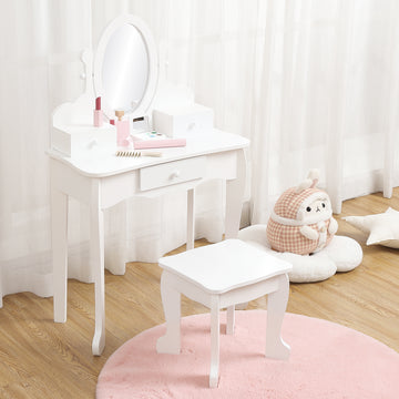 Garvee Kids Vanity Set with Adjustable Angle Mirror, Pretend Play Girls Vanity Table and Chair Set with Mirror, Stool, and Wood Makeup Playset, White