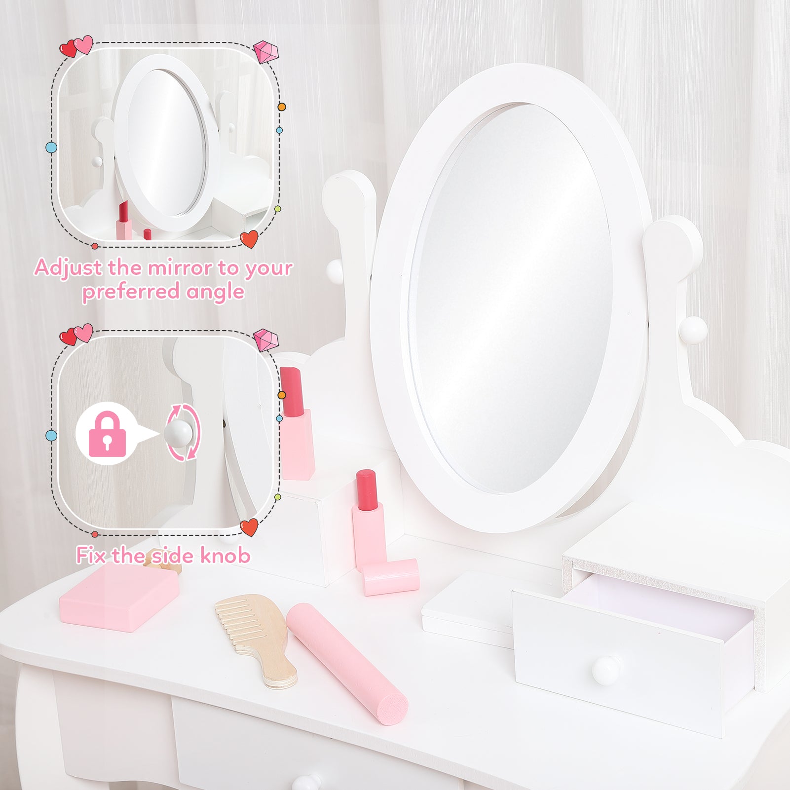 Garvee Kids Vanity Set with Adjustable Angle Mirror, Pretend Play Girls Vanity Table and Chair Set with Mirror, Stool, and Wood Makeup Playset, White