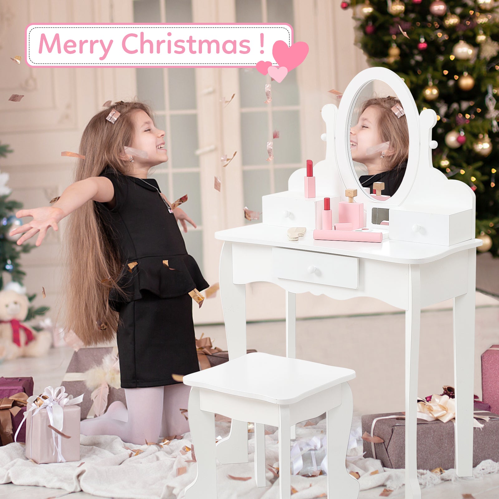 Garvee Kids Vanity Set with Adjustable Angle Mirror, Pretend Play Girls Vanity Table and Chair Set with Mirror, Stool, and Wood Makeup Playset, White