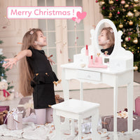 Garvee Kids Vanity Set with Adjustable Angle Mirror, Pretend Play Girls Vanity Table and Chair Set with Mirror, Stool, and Wood Makeup Playset, White