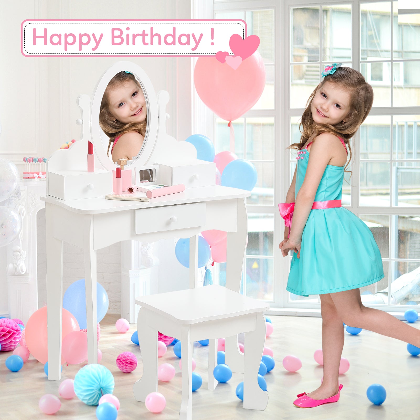 Garvee Kids Vanity Set with Adjustable Angle Mirror, Pretend Play Girls Vanity Table and Chair Set with Mirror, Stool, and Wood Makeup Playset, White