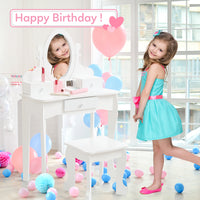 Garvee Kids Vanity Set with Adjustable Angle Mirror, Pretend Play Girls Vanity Table and Chair Set with Mirror, Stool, and Wood Makeup Playset, White