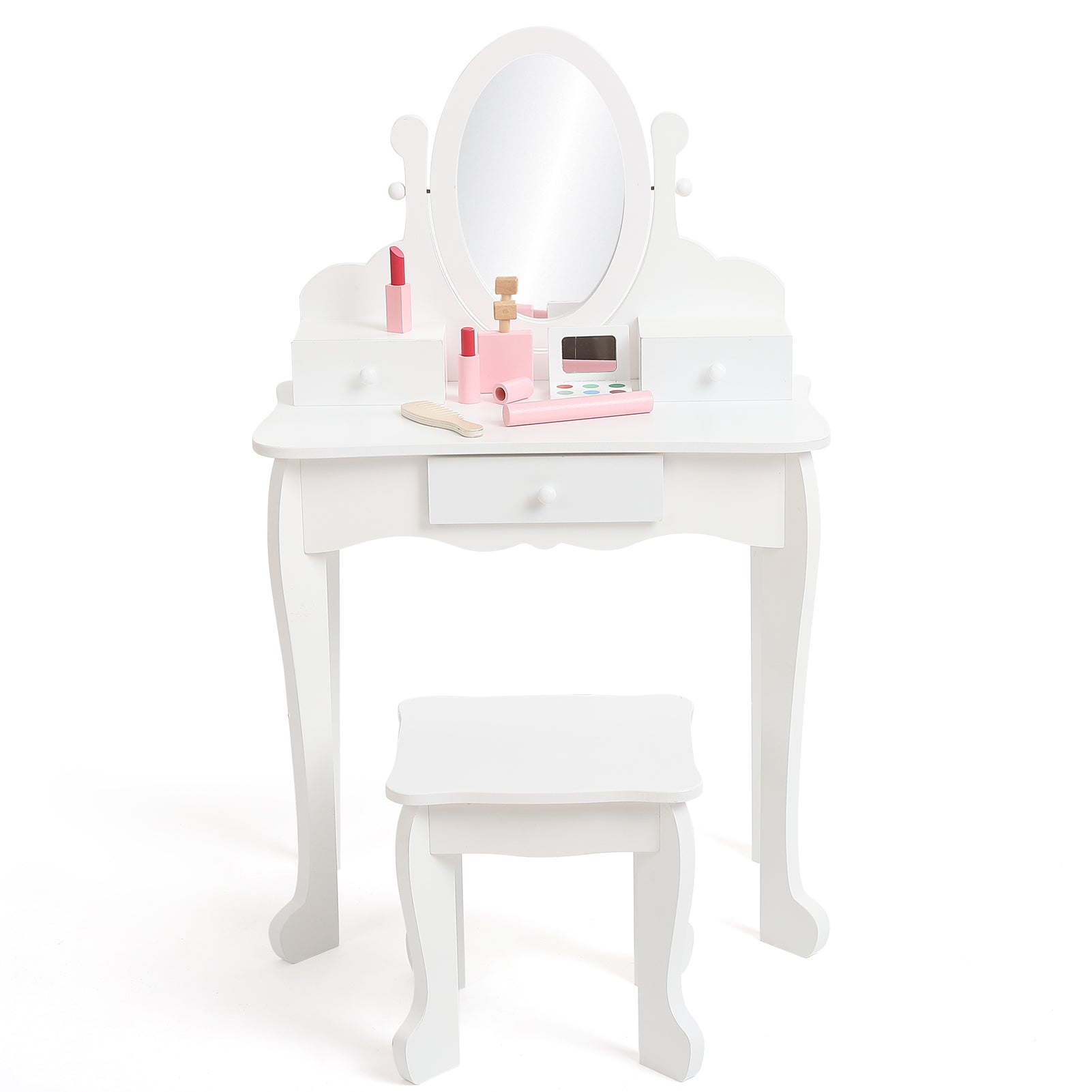 Garvee Kids Vanity Set with Adjustable Angle Mirror, Pretend Play Girls Vanity Table and Chair Set with Mirror, Stool, and Wood Makeup Playset, White