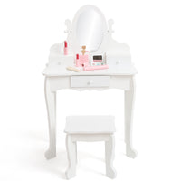 Garvee Kids Vanity Set with Adjustable Angle Mirror, Pretend Play Girls Vanity Table and Chair Set with Mirror, Stool, and Wood Makeup Playset, White