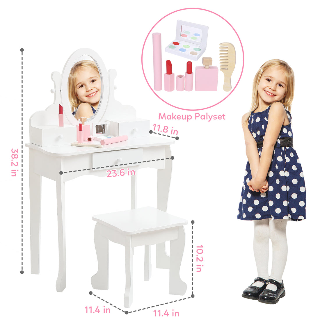 Garvee Kids Vanity Set with Adjustable Angle Mirror, Pretend Play Girls Vanity Table and Chair Set with Mirror, Stool, and Wood Makeup Playset, White