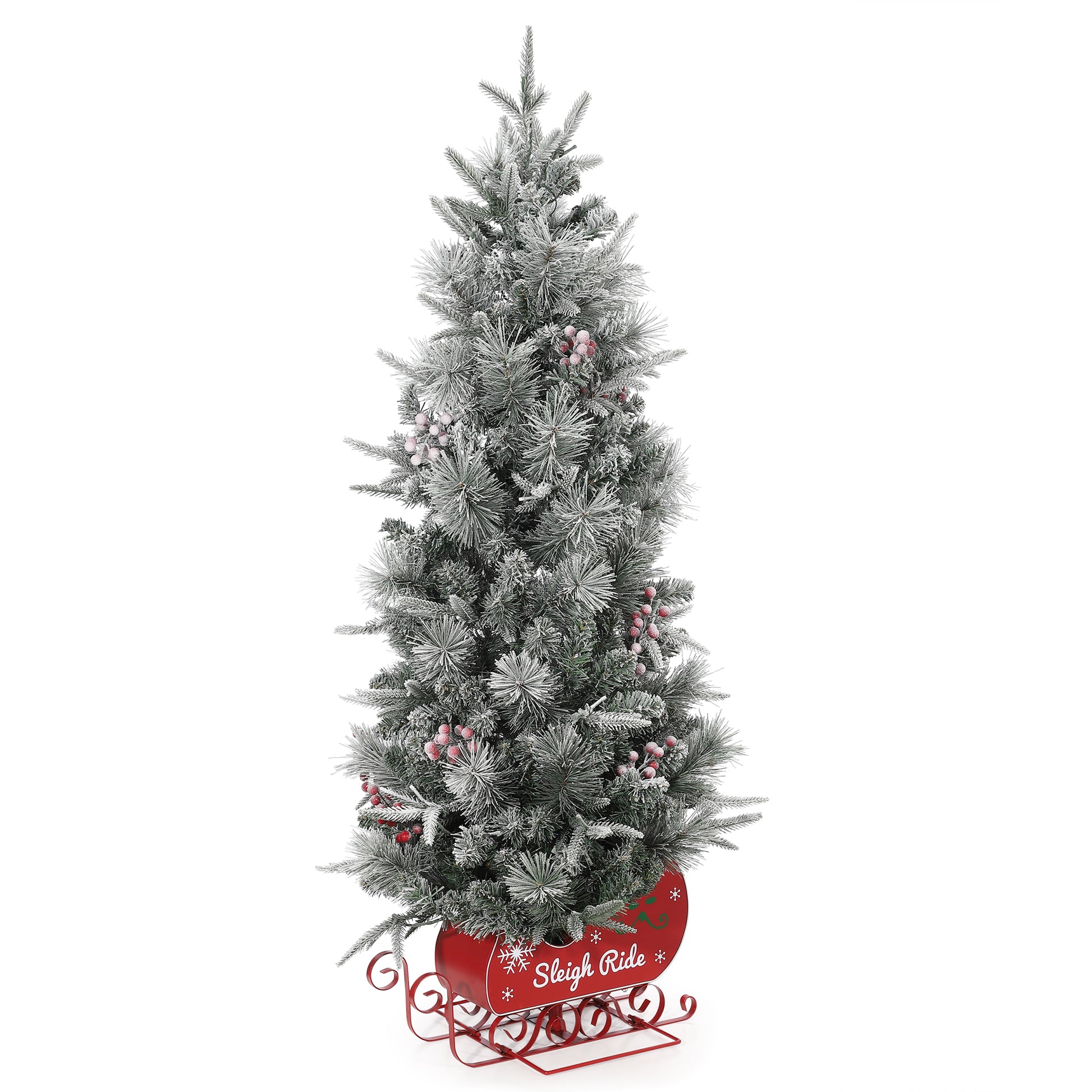 Garvee 4.5ft Pre-Lit Christmas Tree, Snow Flocked Christmas Tree with 200 Led Lights, 8 Lighting Modes, Sleigh Ride Base, Artificial Xmas Tree for Home Decoration, 1 PC