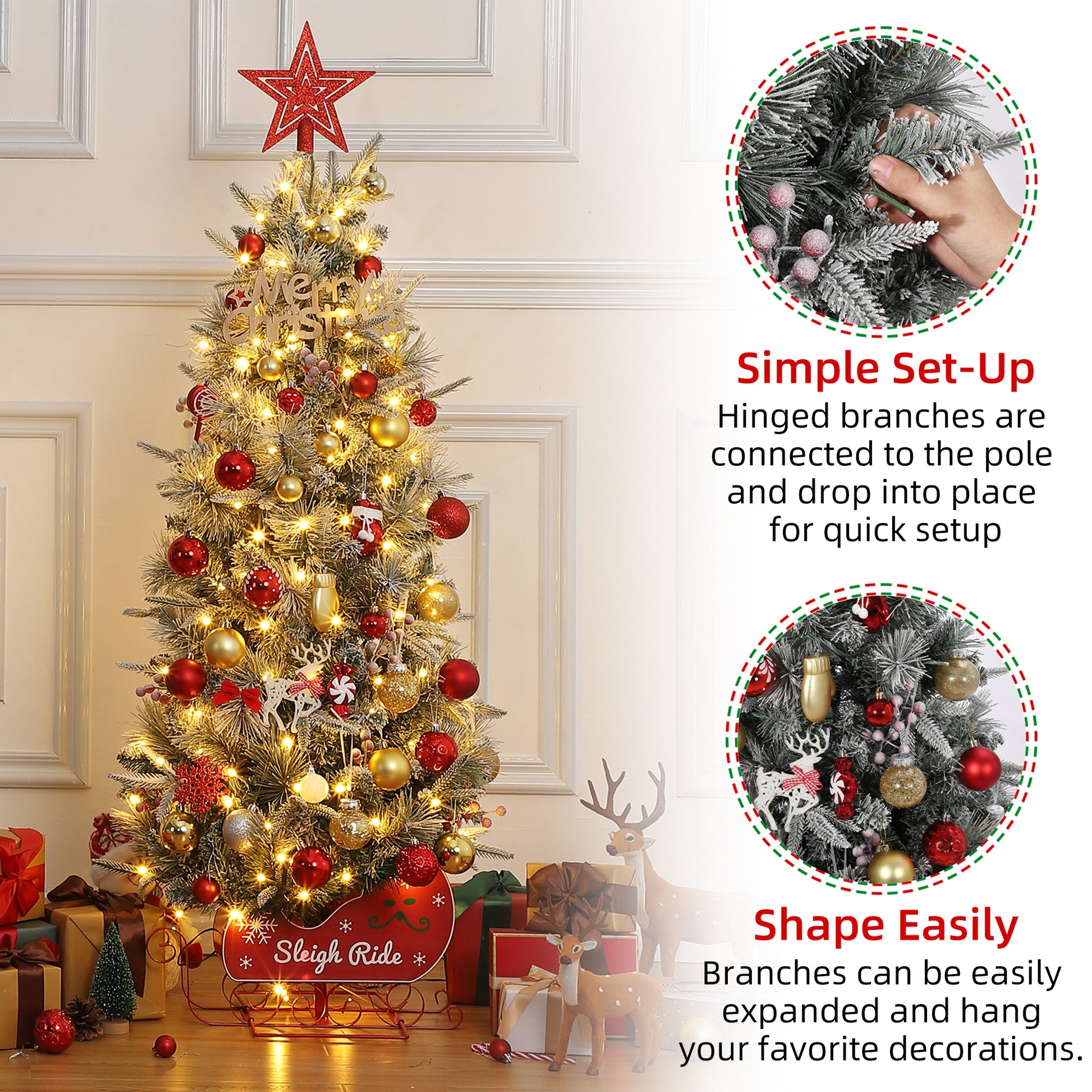 Garvee 4.5ft Pre-Lit Christmas Tree, Snow Flocked Christmas Tree with 200 Led Lights, 8 Lighting Modes, Sleigh Ride Base, Artificial Xmas Tree for Home Decoration, 1 PC