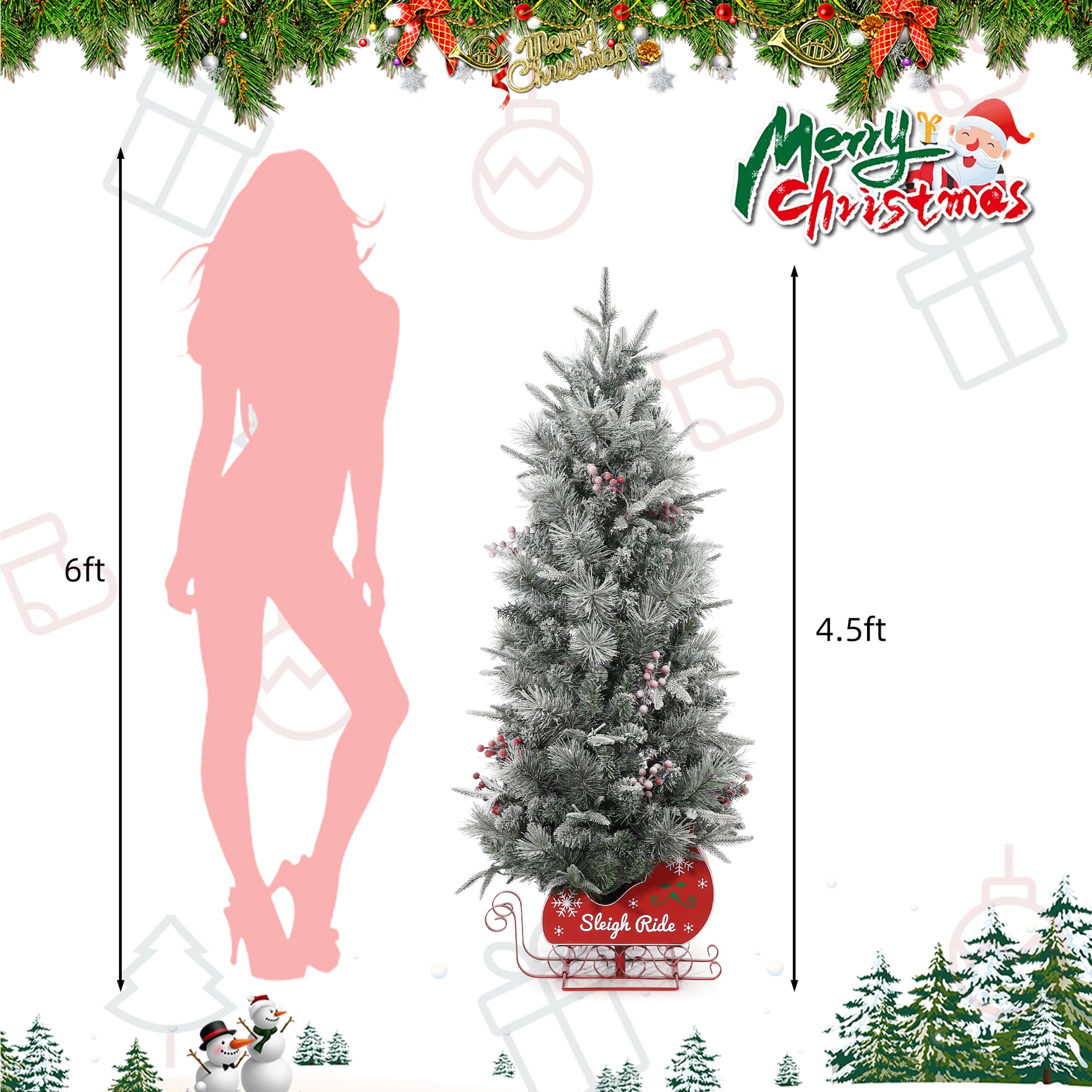 Garvee 4.5ft Pre-Lit Christmas Tree, Snow Flocked Christmas Tree with 200 Led Lights, 8 Lighting Modes, Sleigh Ride Base, Artificial Xmas Tree for Home Decoration, 1 PC