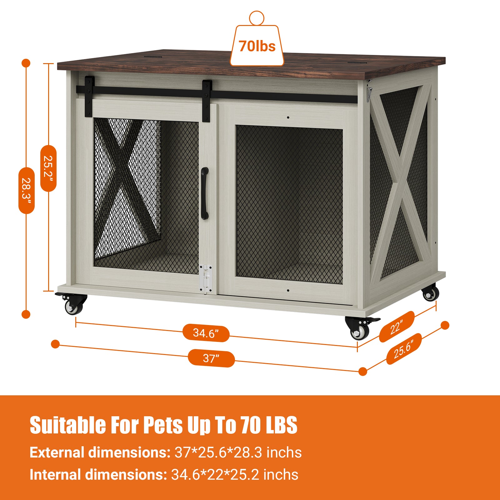 Garvee 37” Sliding Barn Door Dog Crate Furniture with Flip Top and Movable Divider, Wooden Dog Crate Table, Dog Kennel Side End Table, Furniture Style Large Dog House, White