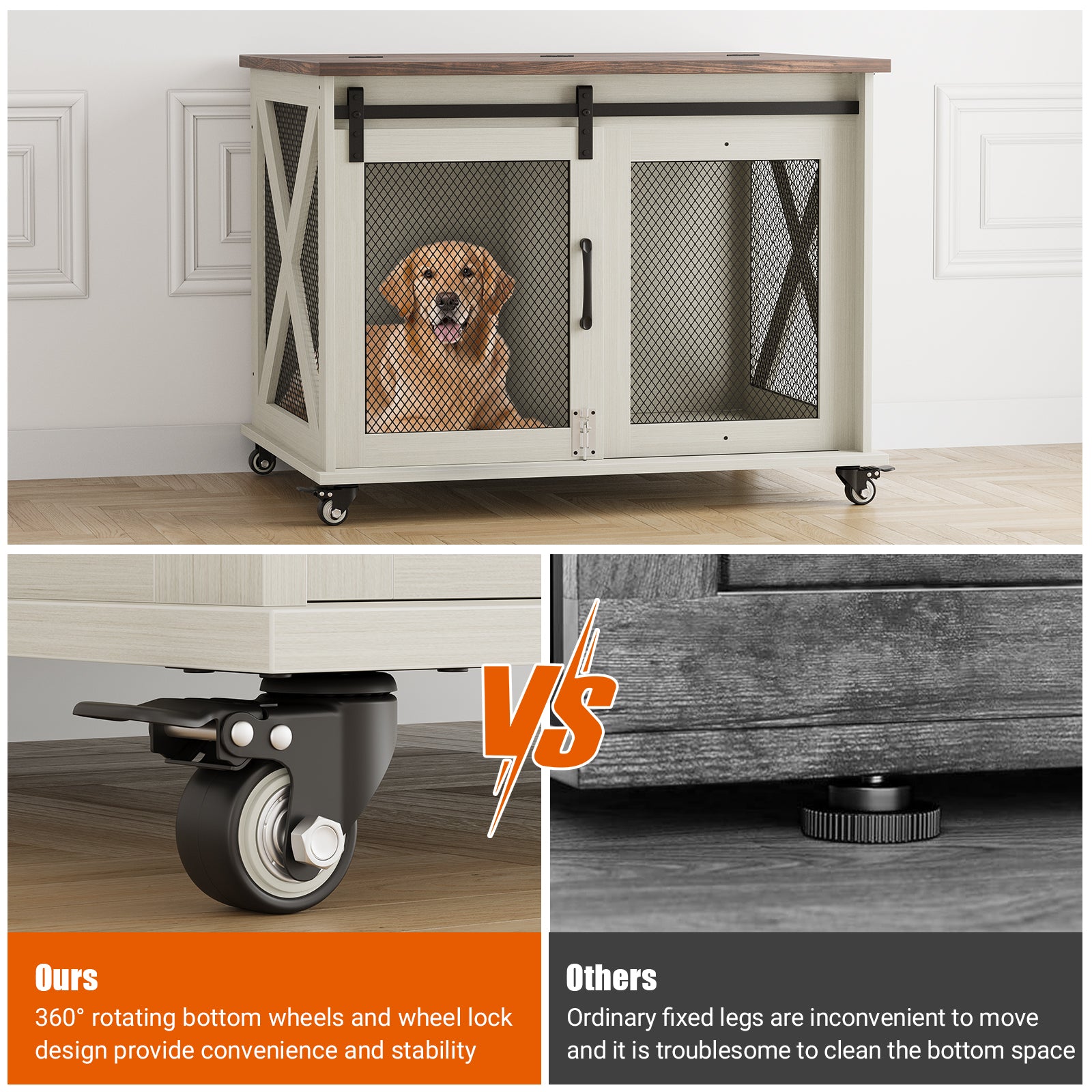 Garvee 37” Sliding Barn Door Dog Crate Furniture with Flip Top and Movable Divider, Wooden Dog Crate Table, Dog Kennel Side End Table, Furniture Style Large Dog House, White