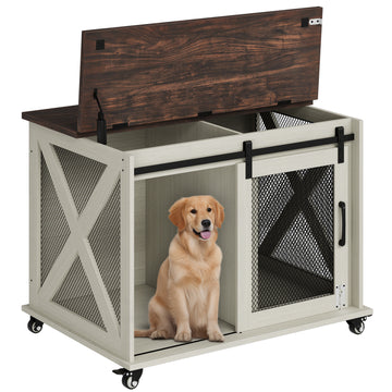 Garvee 37” Sliding Barn Door Dog Crate Furniture with Flip Top and Movable Divider, Wooden Dog Crate Table, Dog Kennel Side End Table, Furniture Style Large Dog House, White