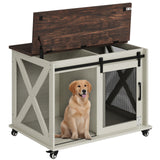 Garvee 37” Sliding Barn Door Dog Crate Furniture with Flip Top and Movable Divider, Wooden Dog Crate Table, Dog Kennel Side End Table, Furniture Style Large Dog House, White - White