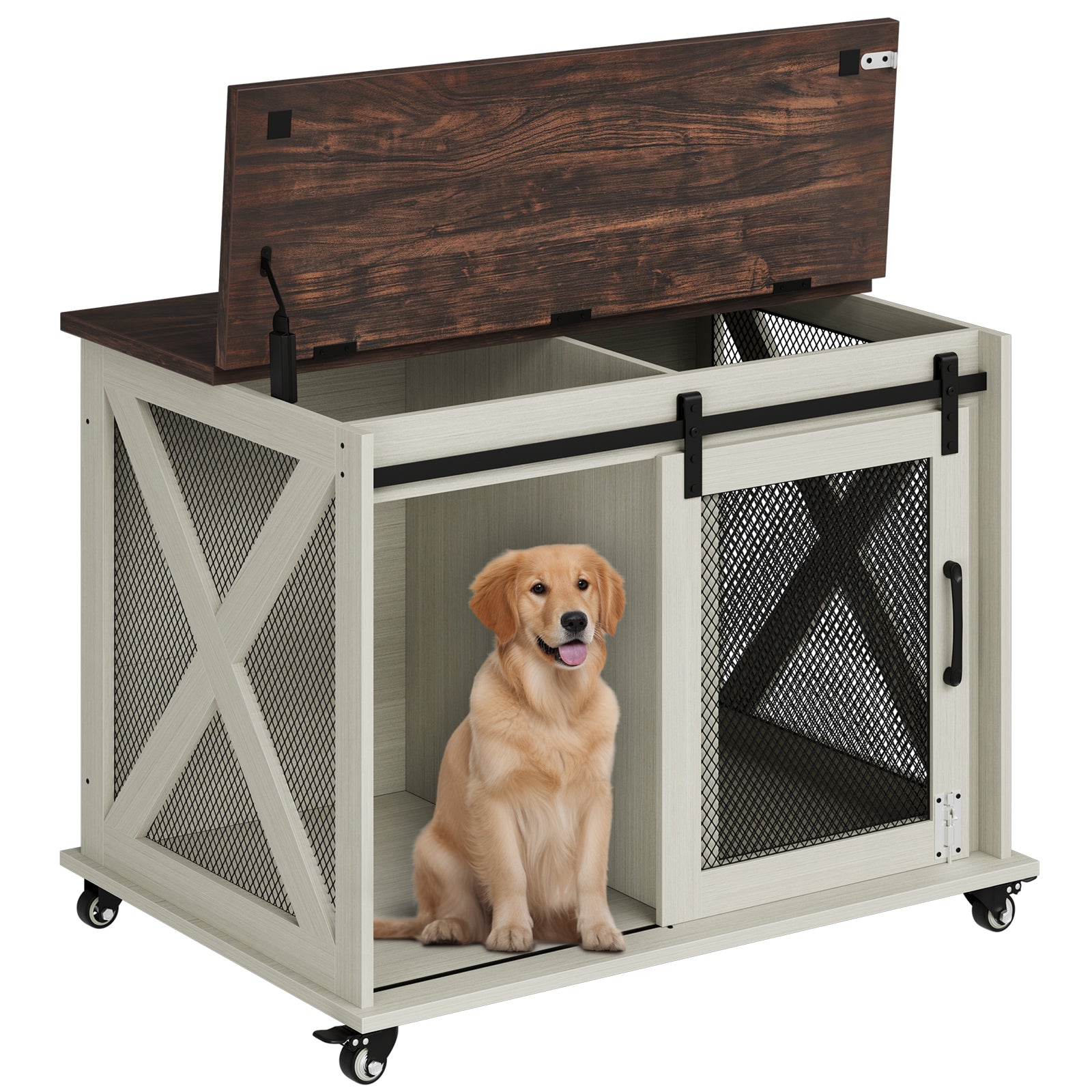 Garvee 37” Sliding Barn Door Dog Crate Furniture with Flip Top and Movable Divider, Wooden Dog Crate Table, Dog Kennel Side End Table, Furniture Style Large Dog House, White