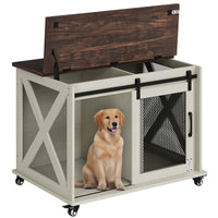 Garvee 37” Sliding Barn Door Dog Crate Furniture with Flip Top and Movable Divider, Wooden Dog Crate Table, Dog Kennel Side End Table, Furniture Style Large Dog House, White